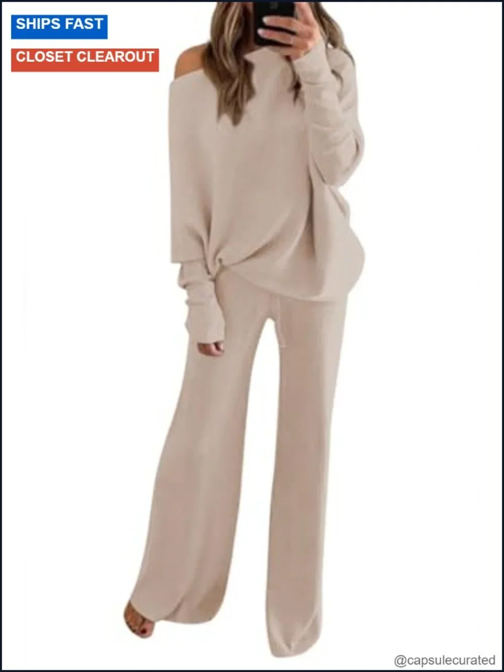 2 Piece Knitted Sweater Wide Leg Pants Off Shoulder Lounge Set
